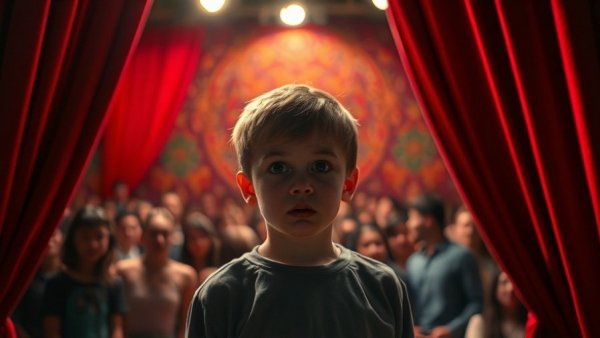 Young boy on stage under spotlight, expressing anxiety.
