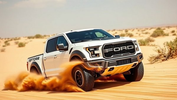 White Ford Raptor driving fast on sand dunes; buy a used Ford Raptor.