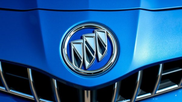 Buick emblem on metallic blue car, close-up shot