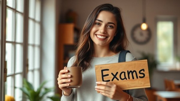 Woman sharing healthy lifestyle tips holding a mug and 'Exams' sign.