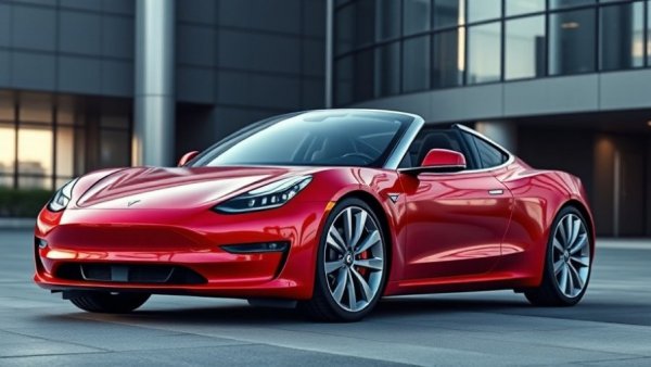 Sleek red Tesla Roadster parked, highlighting luxury and design.