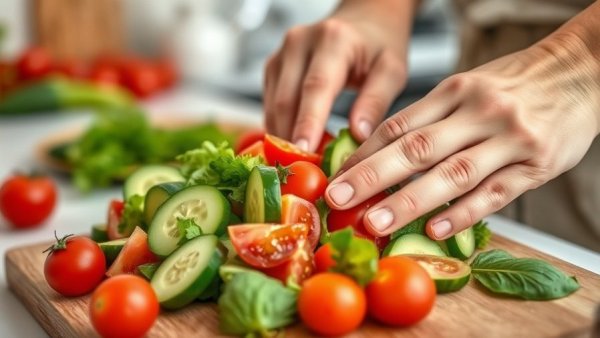 Healthy eating to boost life expectancy, preparing a fresh salad.