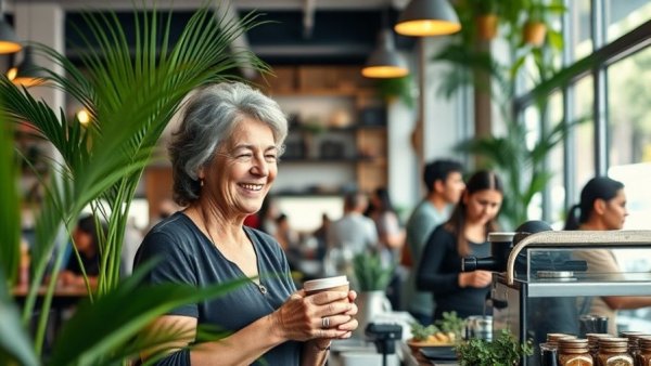 Woman in coffee shop, promoting how to stay healthy naturally.