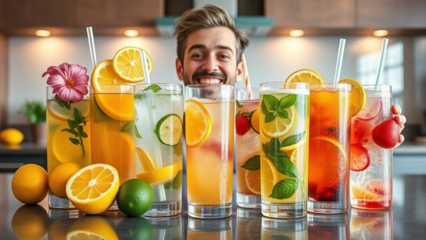 A vibrant variety of lemon water drinks displayed on a counter.