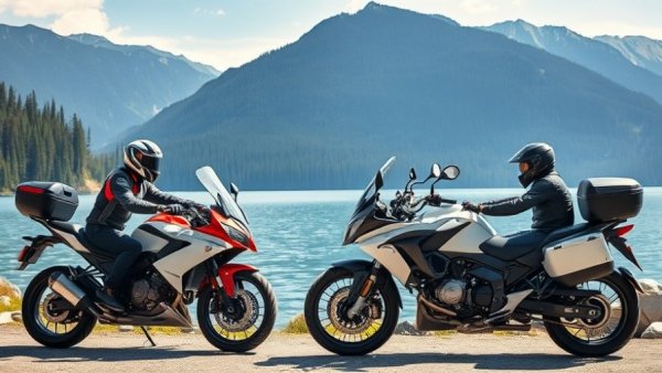 Riders on sport touring motorcycles, scenic mountain backdrop.