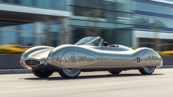 Streamlined vintage car driving in urban setting, Phantom Corsair.