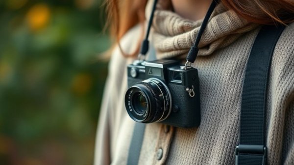 Vintage camera around neck; mindfulness in photography context.