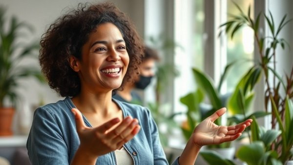 Cheerful woman discussing healthy lifestyle tips indoors.