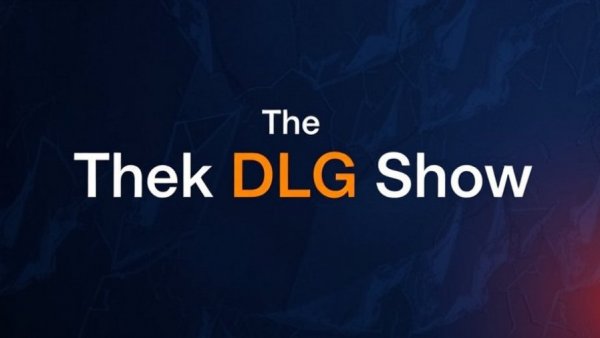 Modern text design for The Ask DLG Show, dark blue background.