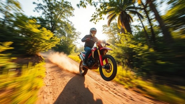 Motorcyclist jumps with adventure bike on dirt path, best adventure bikes.