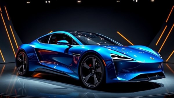Auto China 2026 innovations: sleek blue electric car at exhibition.
