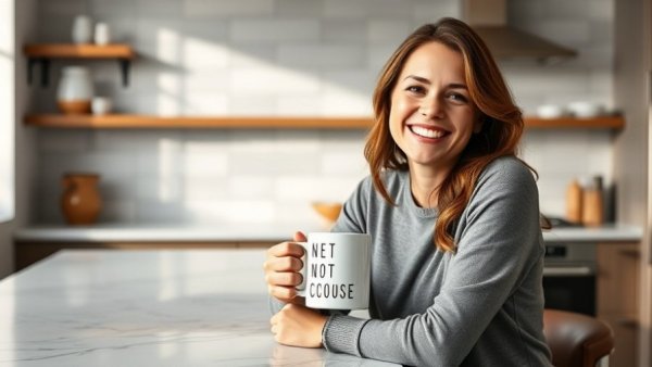 Woman holding motivational mug in modern kitchen, how to live a healthy life.
