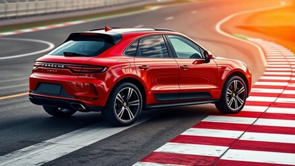 Sleek red Porsche Macan parked on checkered racetrack.