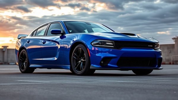Dodge Charger Scat Pack parked at sunset for performance review.