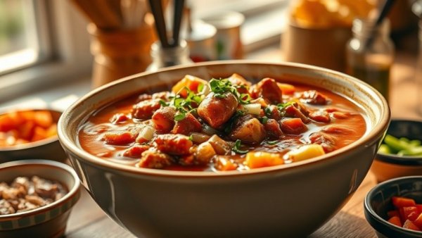 Appetizing bowl of stew with herbs, spotlighting healthy eating habits.