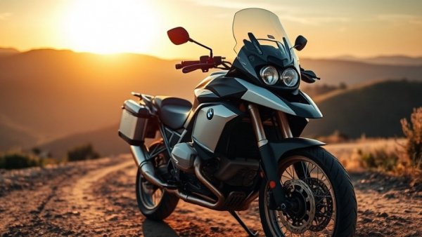 BMW R1300 GS motorcycle at sunset
