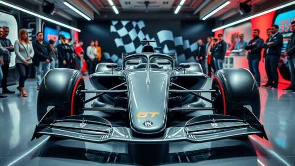 Cadillac F1 car reveal 2026 in futuristic showroom with checkered flag.