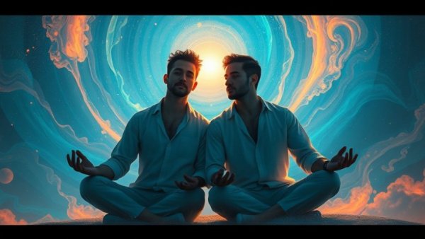 Two men meditating with ethereal light connection, self-care routine.