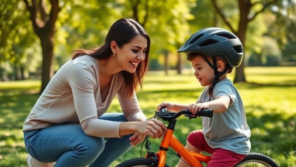 Mindful mother adjusting child's helmet in park.