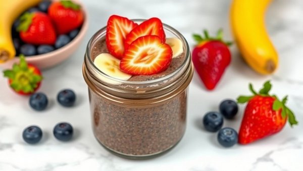 Chocolate chia pudding with banana and strawberry slices, high protein snacks