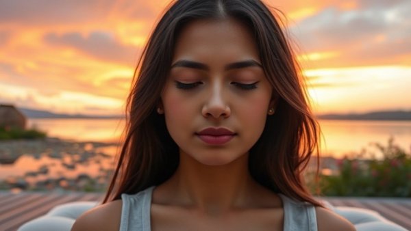 Serene woman meditating in a self-care routine at sunset.