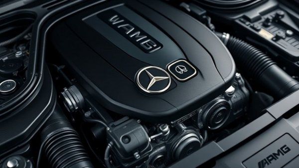 Close-up of Mercedes-AMG V8 engine in soft lighting.