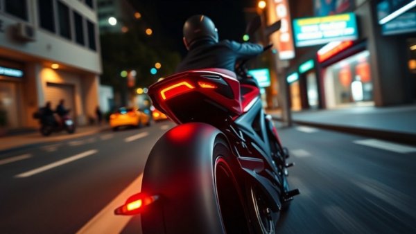 Power cruiser motorcycle with spinning wheel on urban street.