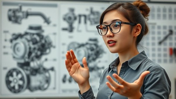Young woman explaining engine mechanics in a top automobile industry context.
