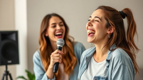 Joyful woman with microphone indoors, how to start living healthy