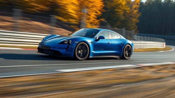 Porsche Taycan Turbo GT on Nurburgring racetrack, autumn