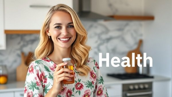 Blonde woman promoting healthy eating in a modern kitchen.
