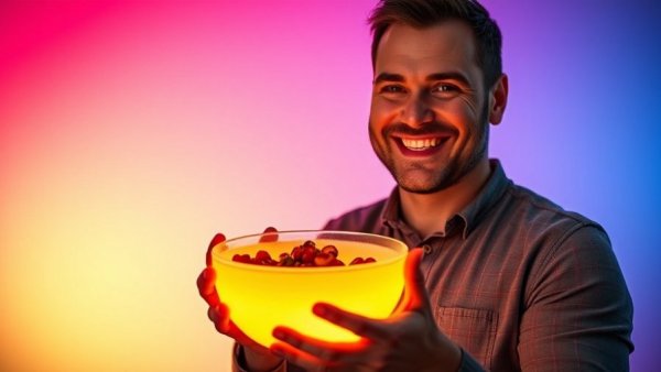 Smiling man with glowing bowl for fat loss breakfast, vibrant background.