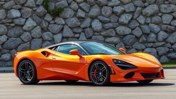 Orange sports car with sleek facelift design in front of stone wall.