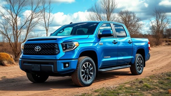 Vibrant blue 2026 Toyota Tundra Hybrid parked on a rugged path