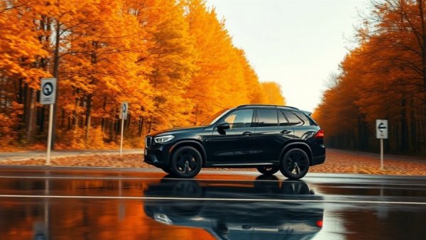 European SUV driving through autumn forest, specialist servicing for European vehicles.