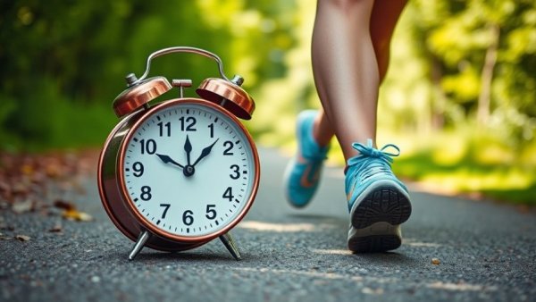 Fasted walking for fat loss concept with a smiling person and alarm clock.