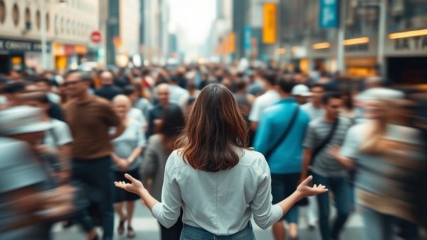 Mindfulness meditation concept with woman surrounded by blurred crowd.
