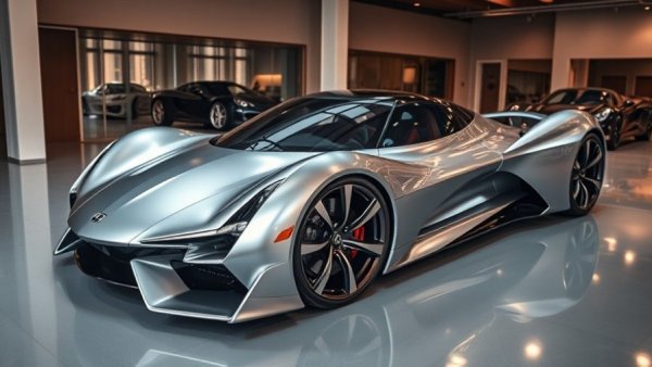 Futuristic 3D printed hypercar in showroom with sleek design.