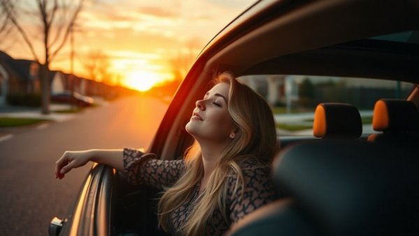 Peaceful self-care moment for busy moms in a car at sunset.