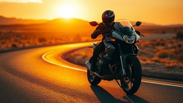 BMW motorcycle silhouetted at sunset highlighting premium price.