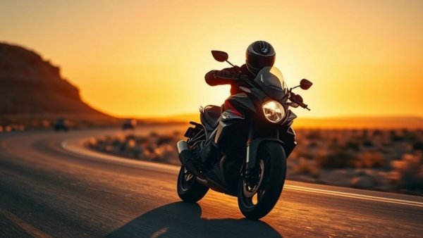 Silhouetted BMW motorcycle rider at sunset on a desert road