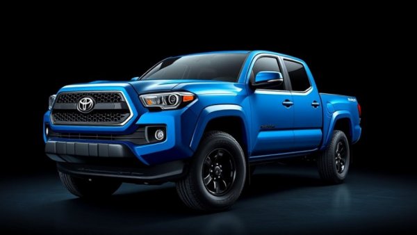 Bold blue 2026 Toyota Tacoma in dim studio lighting.