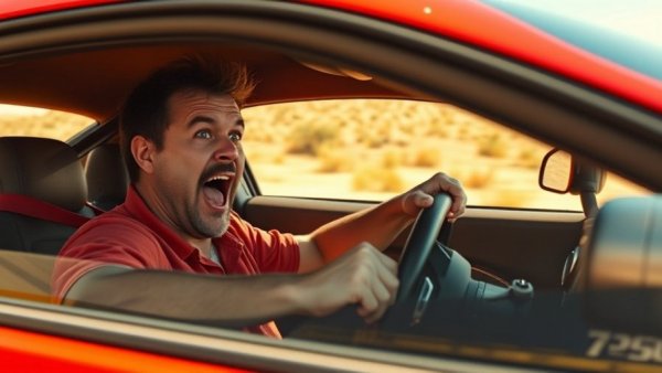 Big red Camaro racing in desert with exhilarated driver.