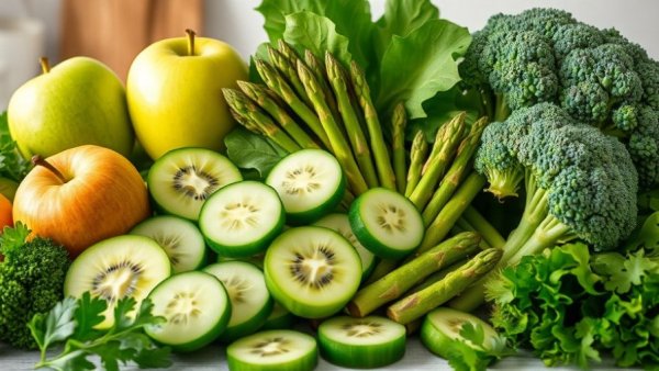 Assortment of prebiotic foods including green apples and kiwi.