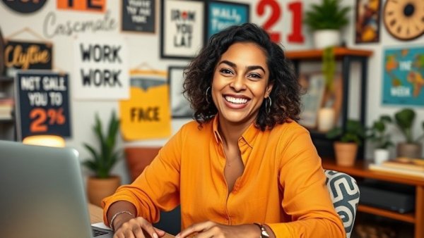 Energetic woman discussing flexible virtual work hours from home office.