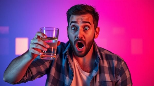 Man surprised by water mistakes after 50, colorful background.