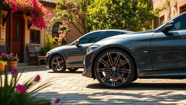 Japanese sedan wheel showcasing reliability in a scenic courtyard.