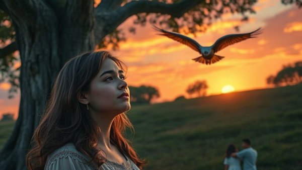 Serene woman observing mythical bird; self-care for busy moms.