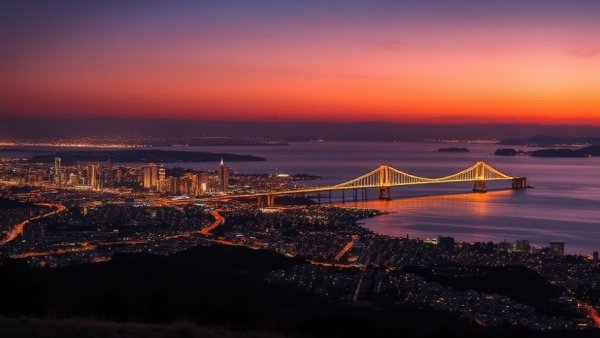 San Mateo cityscape with twilight glow and bridge view.