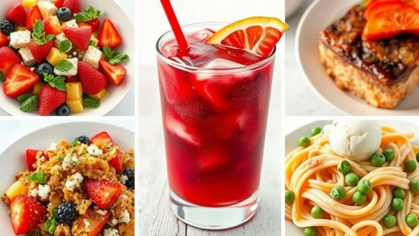 Colorful Memorial Day recipes collage featuring fruit salad, smoothie, cobbler, and pasta salad.